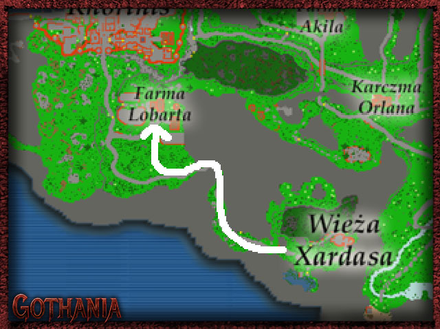 Trasa od wieży Xardasa do farmy Lobarta zaznaczona na mapie