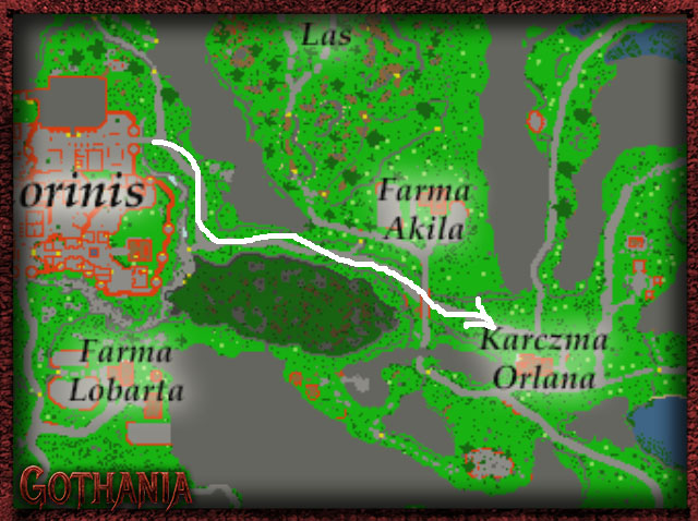 Mapa drogi z Khorinis do gospody Orlana