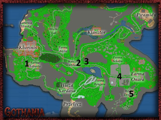 Mapa Wyspy Khorinis z ponumerowanymi miejscami, w których można spotkać Grega