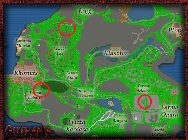 Mapa Gothanii z zaznaczonym położeniem trzech kamiennych kręgów