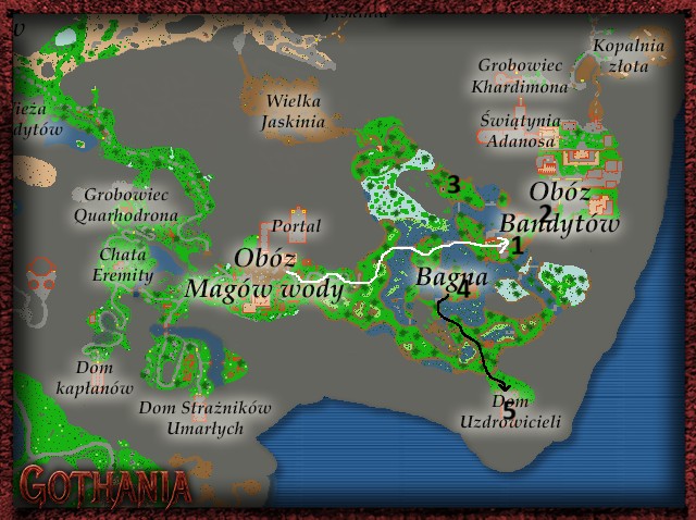 Mapa Jarkendaru z drogą do obozu bandytów i ponumerowanymi lokacjami zadania