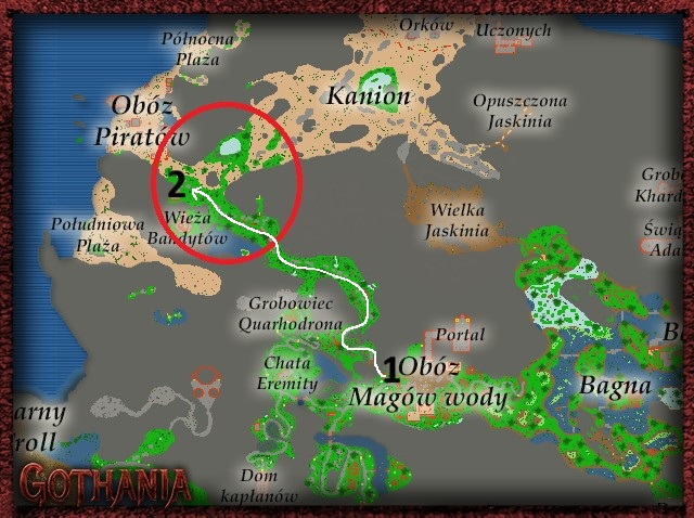 Mapa Jarkendaru z pozycjami Jacka Aligatora i zaznaczonym obszarem polowania na bagienne szczury