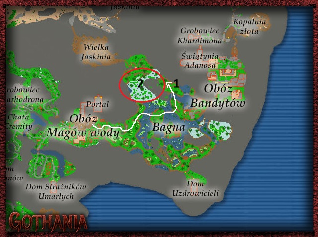 Mapa Jarkendaru z drogą do Logana i zaznaczonym miejscem polowania na błotne węże